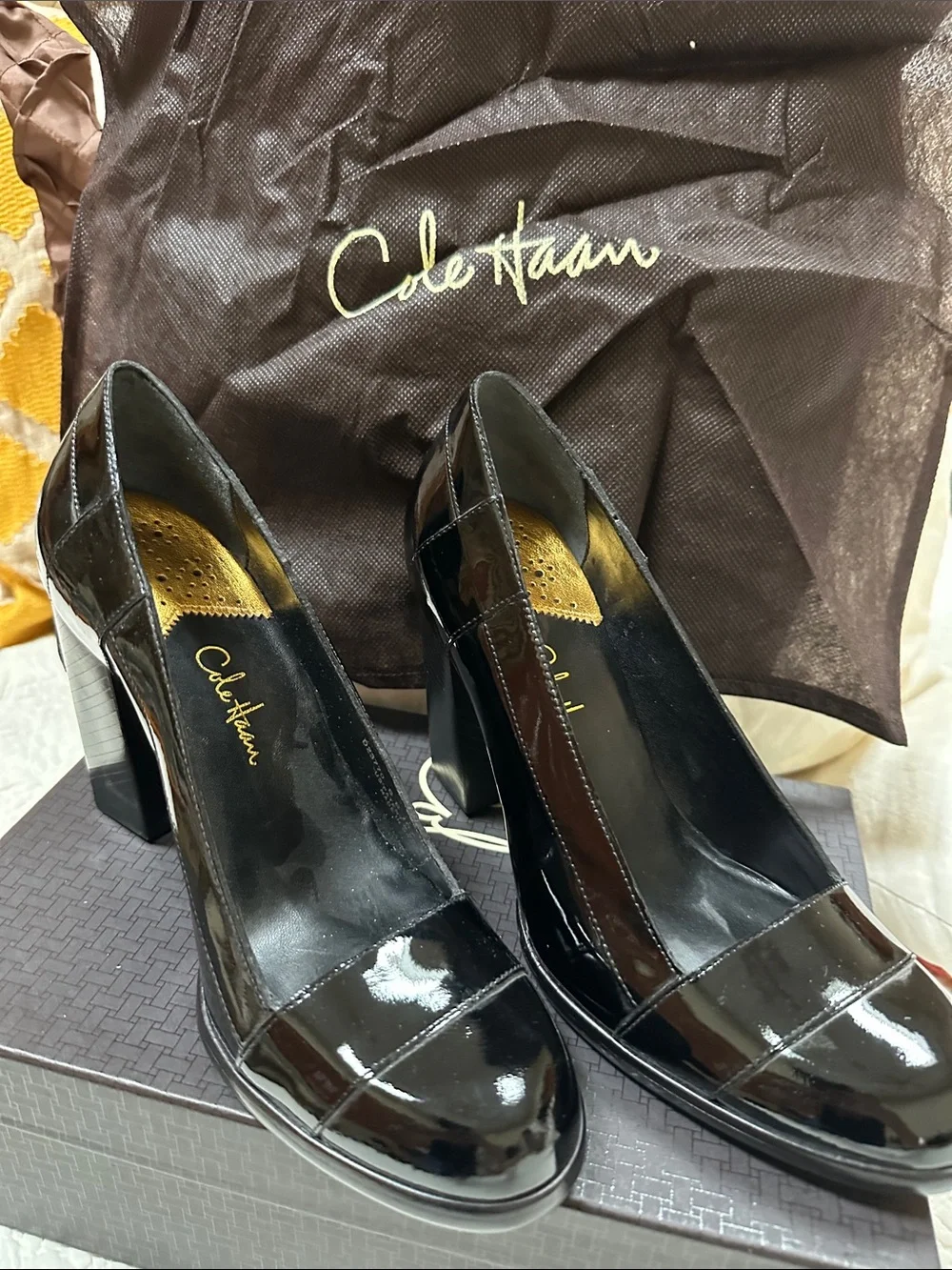 Cole Haan Black Patent Leather Slingback Low Block Heels